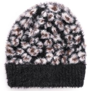 MUK LUKS Black Leopard Fuzzy Cuffed Beanie